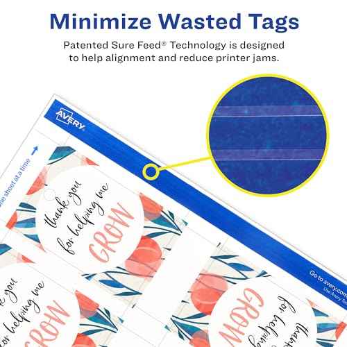 Avery Printable Rectangle Tags, Strings, Sure Feed Technology, 2" x 3", Matte White Cardstock, Print-to-the-Edge, Laser/Inkjet Tags, 200 Total
