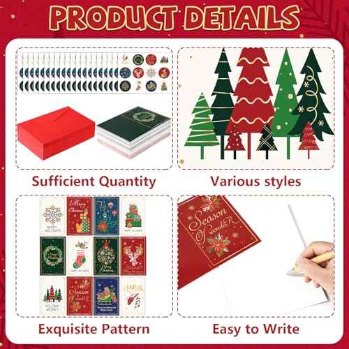 240 Sets Christmas Cards Bulk with Envelopes and Stickers Festive Gold Foil Merry Christmas Note Card Set 12 Elegant Designs Holiday Greeting Cards Blank Inside for Winter Xmas Season Gift 4x6 Inch