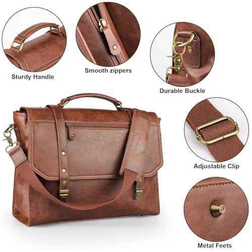 Mens messenger bag 17 inch, Waterproof Faux Leather Laptop Briefcase Large Computer Laptop Bag Leather Satchel Bag Retro Shoulder Bag for Office Business Travel College Brown