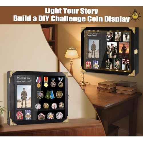 Challenge Coin Display Case with Light, Removable Shelves and Picture Frame for Honor Military Coin Holder Wall Mount, Memorial Gift for Men Veterans Collectors (Black)