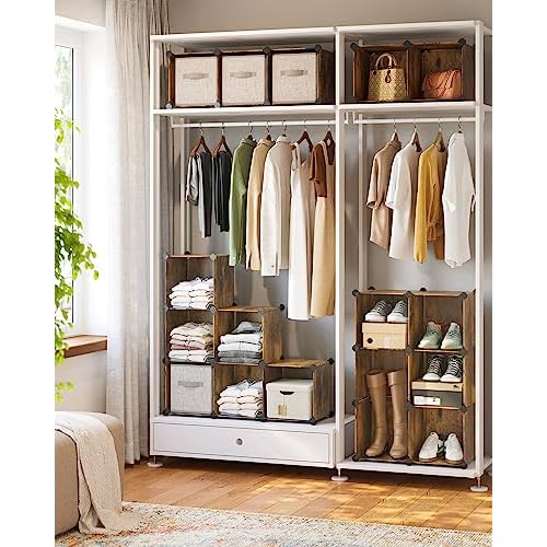 SONGMICS Cube Storage Organizer, Set of 16 Plastic Cubes, Closet Organizers and Storage, Room Organization, Bedroom Living Room, 12.2 x 48.4 x 48.4 Inches, Rustic Brown ULPC442A01
