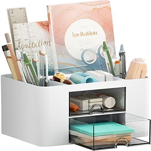 Marbrasse White Pen Organizer with 2 Drawers & Compartments - Multi-Functional Desk Storage