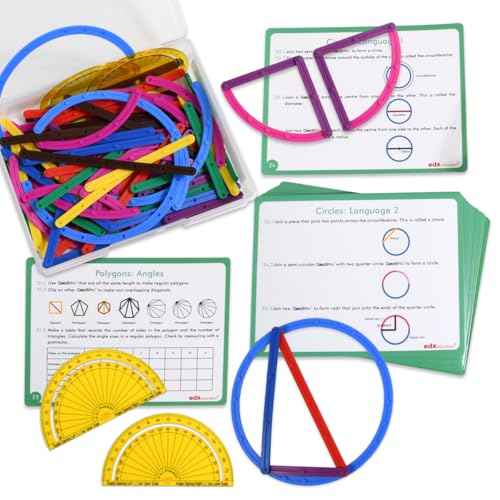 edxeducation GeoStix Deluxe Set | Teach Geometry | 100 Construction Sticks, 2 Protractors, Activity Cards | Manipulative for Math, Art and Fine Motor Skills