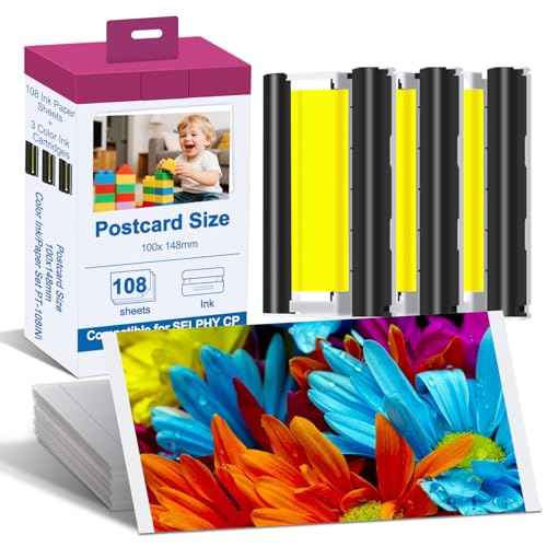 Compatible with Canon Selphy Series Ink and Paper, KP-108IN 3 Color Ink Cassette and 108 Sheets 4 x 6 Paper Glossy(100mm x148 mm) for Selphy CP1500 CP1300 CP1200 CP1000 CP910 CP900 CP810