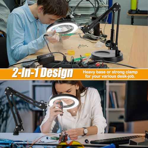 10X Magnifying Glass with Light and Stand, 2-in-1 Lighted Magnifier with Clamp, 5 Color Modes Dimmable LED Desk Lamp Hands Free for Painting Craft Jewelry Sewing Hobby Model Close Work