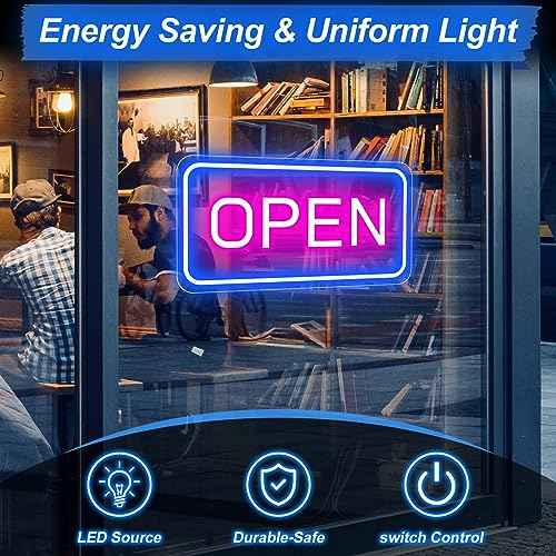 Neon Open Signs for Business, 16''x 9'' LED Open Sign, Super Bright Open Neon Sign (Blue&Pink), with ON/OFF Switch & Adapter, Neon Light Up Sign for Window Party Wall Bars Coffee Club Hotel