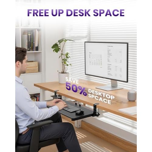 Ergonomic Keyboard Tray Under Desk, Pull Out with Adjustable C-clamp, 25.6 (31.5 Including Clamps) x 11.8 Inch Slide Out Computer Keyboard Drawer Mouse Tray for Typing, Large & Black