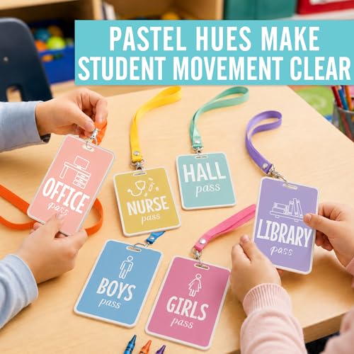 Pastel Classroom Hall Passes - 6 Durable Wooden Student Bathroom Pass Lanyard Set