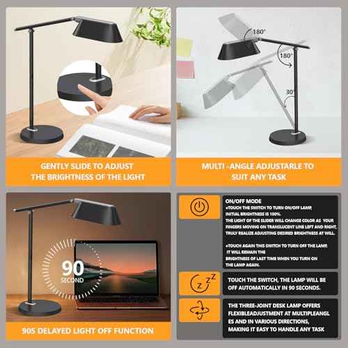 LED Desk Lamp for Office Home, Eye-Caring Ultra-Large LED Panel Desk Light with Multi-Angle Adjustment, Touch Desk Lamps with Stepless Dimming for Smart Delayed Shutdown Night Light, Reading, study.