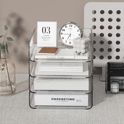 4-Tier Acrylic Paper Tray Organizer | Clear Stackable Desk Organizer for Documents, Letters, A4 Paper | Modern Office/Classroom/Home Organization