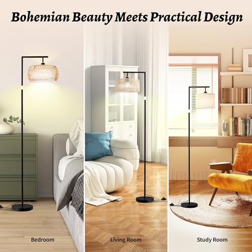 Boho Rattan Floor Lamp, Adjustable Height Bohemian Floor Lamps, Dimmable Standing Lamp with Remote Control, Rustic Lighting for Living Room, Bedroom, or Office (Brown, Oval)
