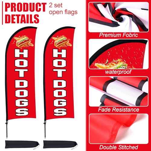 Buryeah 2 Sets Hot Dogs Feather Flag Kit 7 x 5.4 ft Hot Dogs Swooper Flag Pole Kit with Pole Ground Stake and Portable Bag Hot Dog Sign for Restaurant Advertising Business Outside Ground(Red)