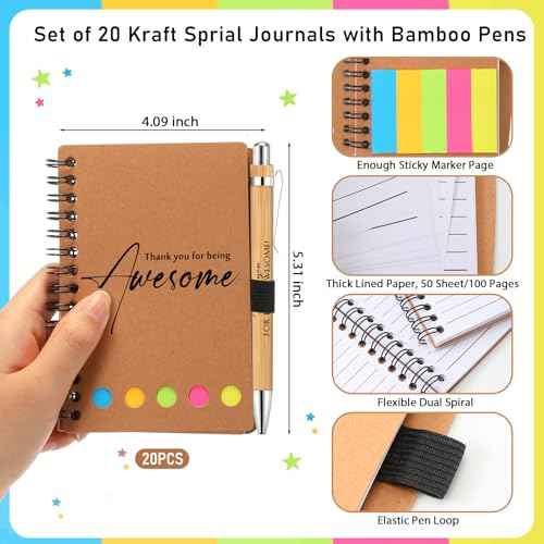 Chuangdi 20 Sets Christmas Employee Appreciation Gift Bulk Thanksgiving Inspirational Spiral Notebook with Sticky Note Motivational Pen for Women Staff Coworker Nurse Teacher Holiday (Kraft)