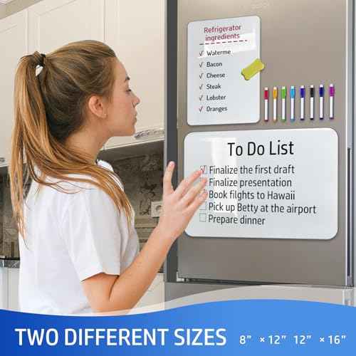 2 Pack PET Magnetic Whiteboard for Fridge, Small Magnetic Dry Erase Boards with 8 Markers and 2 Eraser, Reusable Blank Magnet White Board Sheets for Home, Kitchen, Office, Classroom - 12" x 8"