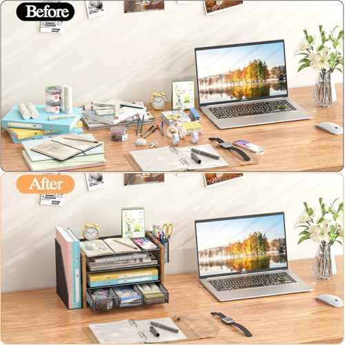 Wooden Desk Organizers and Accessories with File Holder, 4-Tier Paper File Organizer with Drawer & 2 Pen Holders, Office Desk Accessories, Desktop Organizer and Storage for Home Office