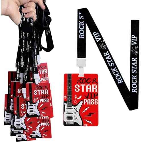 50 Pcs Rock Star Party Badge Rock PVC Card and Roll Party Badge Rock Star VIP Pass Lanyards for Rock Star Themed Birthday Party Supplies