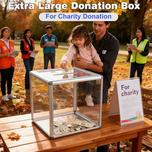 Extra Large Donation Box for Charity, Acrylic Ballot Box with Slot 10.62 x 10.62 x 10.62 Inch, Extra Large Ballot Box/Suggestion Box/Raffle Ticket Box with Lock for Fundraising, Voting, Tips