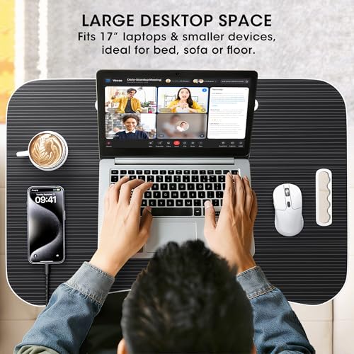 Black Folding Laptop Bed Desk 23.6 Inch Wood Portable Table with Cup Holder