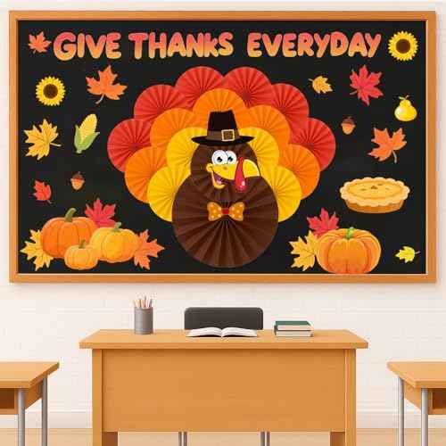 Aovaely 65 PCS Thanksgiving Bulletin Board Decorations, 3D Turkey Paper Fans Give Thanks EveryDay Paper Cutouts Pumpkins Maple Leaves November Thanksgiving Party Decorations for School Home Office