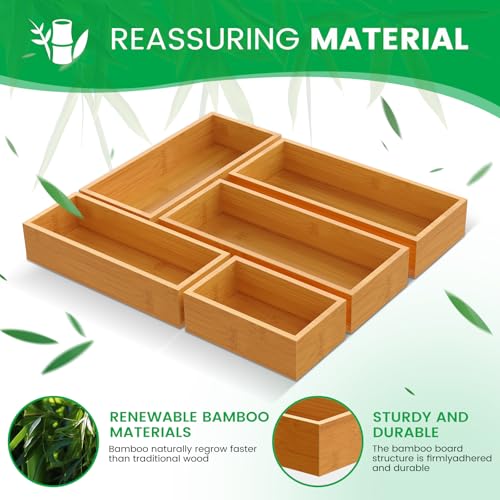 Bamboo Drawer Organizer Set - 5-Piece Kitchen, Bathroom & Office Storage Trays