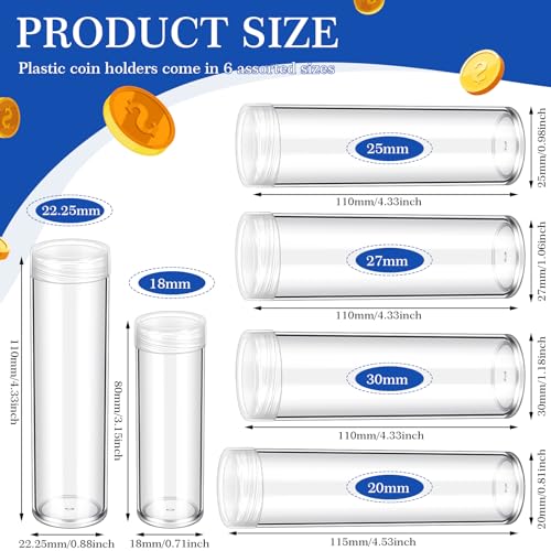 Yaomiao 60 Pcs Plastic Coin Tubes Assorted Sizes Nickel Dime Storage Tubes with Lid Quarter Storage Holders Half Dollar Containers Round Dollar Collection Supplies