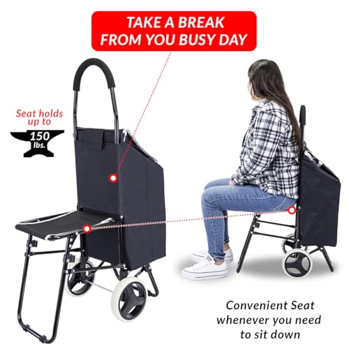dbest products Trolley Dolly Sport with Chair ? Foldable Grocery Cart on Wheels ? Multi Use Rolling Cart with Built-in Seat, Removable Bag, and Hand Truck Dolly Function, Black