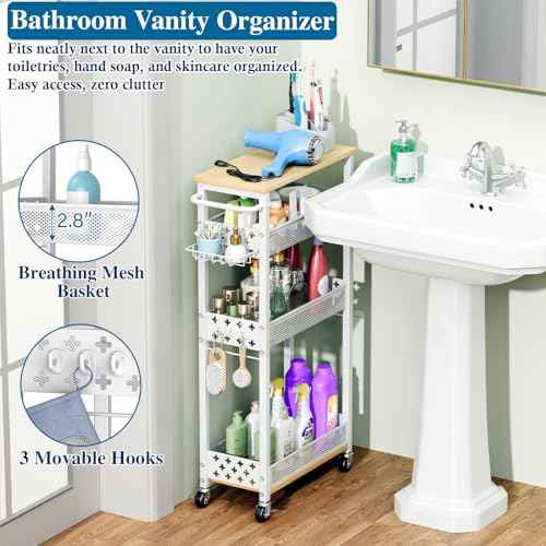 Rolling Slim Storage Cart, 4-Tier Narrow Bathroom Laundry Room Organization Cart, Metal Kitchen Storage Mobile Shelf Unit Organizer with Wood Top, Slim Utility Cart with Wheels for Small Space