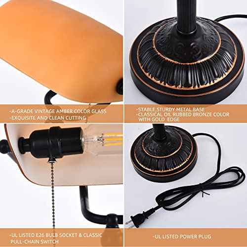 Rustic Banker's Desk Lamp Pull Chain, Traditional Bankers Desk Lamp with USB Port, Vintage Farmhouse Table Lamp for Home Office Library