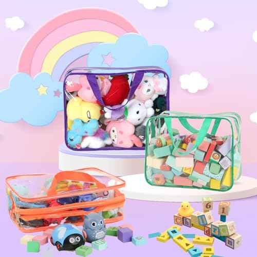 9 Packs Toy Storage Bags with Labels, Large PVC Reusable Board Game Storage Containers Clear Zipper Pouches Waterproof Travel Organizer Bags for Building Blocks, Puzzle, Kids Books, Stationery, Makeup