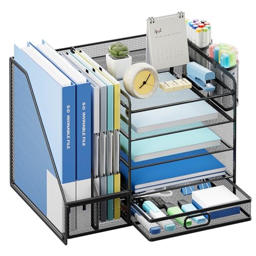 Lavatino Desk Organizer with File Holder, 5-Tier Paper Letter Tray Organizer with Sliding Drawer and 2 Pen Holder, Mesh Desktop File Organizer for Office Supplies (Black)