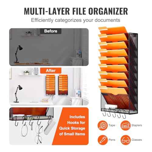VEVOR Hanging Wall Files Organizer, 2 Pack 10-Tier Vertical Wall File Holder, Metal Wall Mounted Magazine Mail Paper Document Storage Folder for Office Home & School