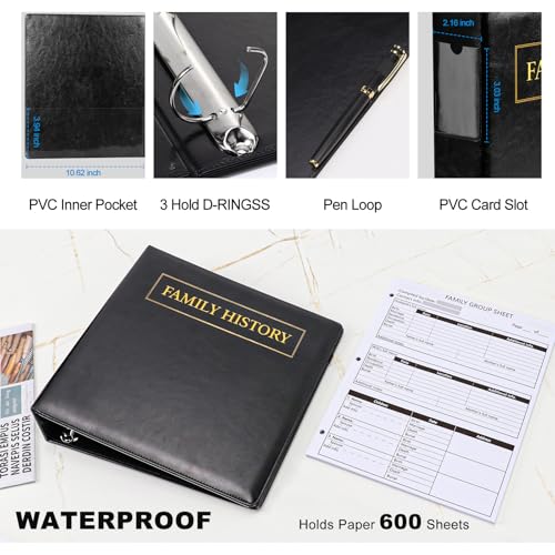 Family History Binder 3 Ring 50 Family Group Sheets 12th Generation 16 Sheets Genealogy Binder Dividers Family Tree Chart Genealogy Supplies with Pen Loop PVC Pocket For Organizer Family History Black