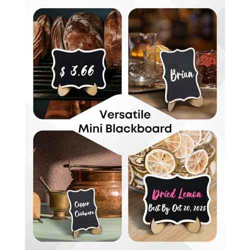 Uniclife 24 Pack Mini Chalkboard Signs for Food, Small Chalkboard Signs with Stands Chalk Markers & Replacement Stickers, Reusable Wooden Labels for Party Buffet Wedding, Blackboard Place Cards, Wavy