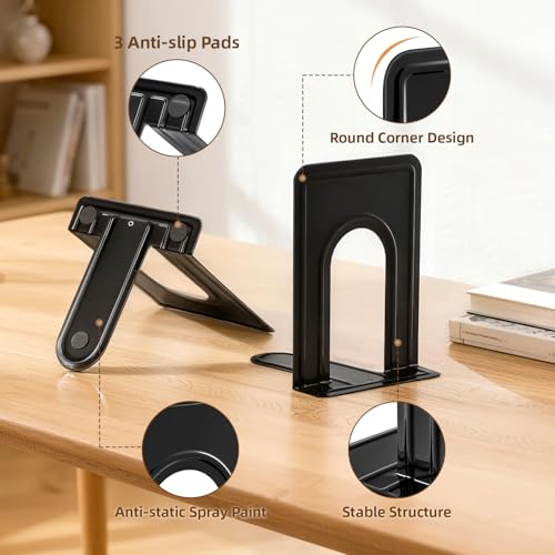HappyHapi Black Heavy Duty Metal Book Ends - 3 Pairs, Anti-Slip Shelving Support