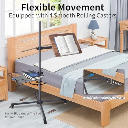 Mobile Book Stand with Storage Basket, Height Adjustable Reading Stand with Wheels, Wood and Metal