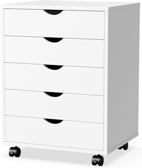 Elevon 5 Drawer Chest - Mobile Wooden Storage Cabinet with Wheels | White Room Organizer for Home & Office