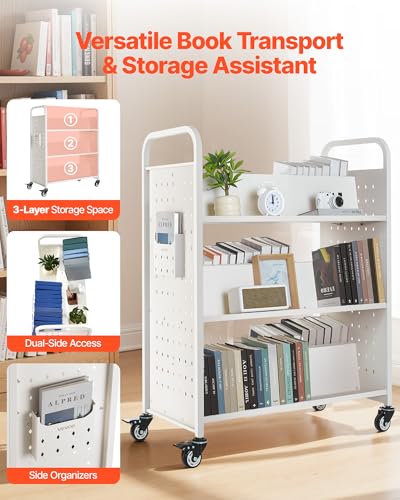 VEVOR White Rolling Library Book Cart, 330 lbs Capacity, 38.2 x 20.3 x 48.2-Inch W-Shaped 3-Tier with Lockable Wheels