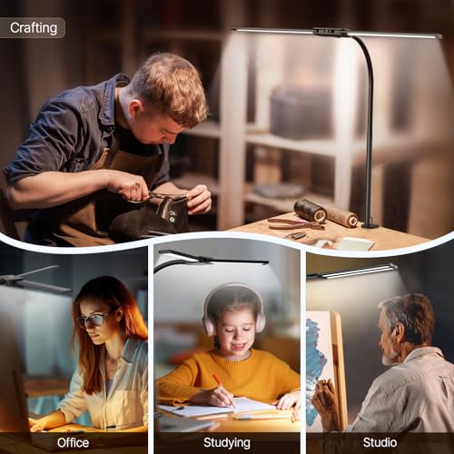 Syrinx LED Desk Lamp for Home Office ? Eye-Caring Dual Head Desk Light with Flexible Gooseneck, Clamp, Gesture/Wired Control, 50 Lighting Modes with Memory/Timer for Study, Crafting