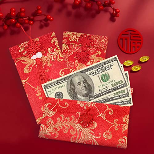 4 Pieces Red Silk Envelope Set with Chinese Knot Jade Pendant Lucky Money Hong Bao for Spring Festival & Weddings - Variation 4