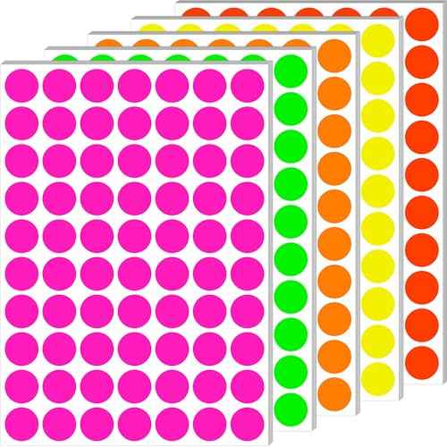 Dot Stickers - Fluorescent Circle Stickers, 3/4 Inch, 1400pcs, Writable Colored in 5 Colors, Neon Labels for Office and Market Sale