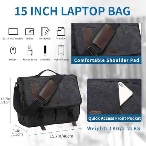 VX VONXURY 15.6 Inch Laptop Bag Mens Messenger Bag,Water Resistant Canvas Multipocket Satchel Shoulder Bag for Men, Business, Work, Travel, College