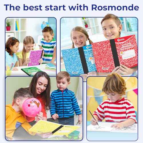 Rosmonde 5 Pack Primary Composition Notebook, 200 Pages (100 Sheets), Drawing Story Journal Writing Notebook, 9-3/4 x 7-1/2, Primary Composition Notebook for Kids, Grades K-2, With Header For Drawing