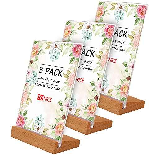 TONICE¢ç 3 Pack 8.5x11 Acrylic Sign Holder L Shape Slant Back Design Clear Acrylic Frame Wood Base, Table Menu Display Stand, Flyer Display (Optional 8.5x11/5x7 Inch L/T Shape)