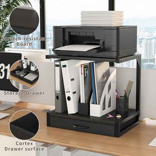 2-Tier Desktop Printer Stand and Storage Shelf, Home Office Desk with Fabric Drawer, Organizer for 3D Printer, Fax Machine, Scanner, Compact Size 17.3"x11.8" Printer Stand for Desk, Black