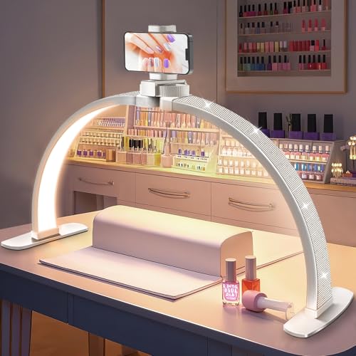 Nail Half Moon Light: Arch Rhinestone LED 29in Moonlight with Phone Holder Stand 3 Light Colors /10 Brightness Levels - Professional Nail Salon Esthetician Media Tech