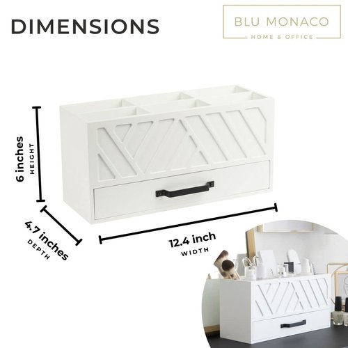 BLU MONACO Stylish White Wooden Pen Holder for Desk: Keep Pens, Markers, and More Organized. With 6 Storage Compartments and a Drawer. Pencil Holder, Marker Storage, and Desk Organizers