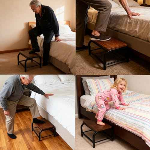 Heavy Duty Step Stool 500 lbs - Small Step Stool Wood, Dual Anti-Slip Metal Frame, Cute Sturdy Senior/Kids Stool for Kitchen/Bedside/Bathroom (Black, One-Step)