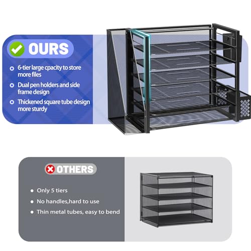 Simple Trending 6 Tier Desk File Organizer, Paper Letter Tray Organizer with File Holder and Pen Container, Black