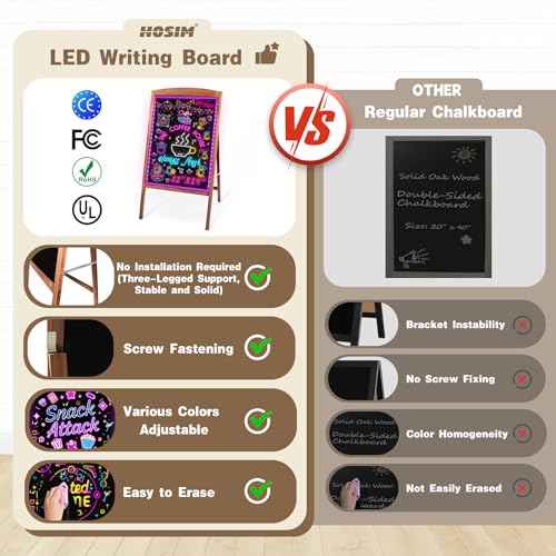 Hosim LED Message Writing Board 24"x16", Standing A-Frame Wooden LED Message Sign Board Illuminated Erasable Neon Restaurant Menu Sign, 8 Colors Markers & 16 Lighting Colors Flashing DIY Chalkboard
