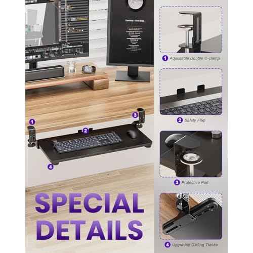 Ergonomic Mouse & Keyboard Tray Under Desk, Pull Out with Adjustable C-clamp, 20 (25.9 Including Clamps) x 11.8 Inch Slide Out Computer Keyboard Drawer Mouse Tray for Typing, Black